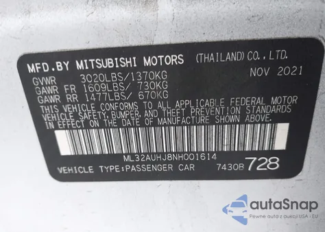 2022 Mitsubishi Mirage Es z USA, uszkodzony, nr VIN ML32AUHJ8NH001614